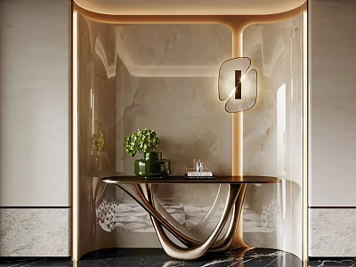 Modern Entryway Hallway Design With Marble Walls Stylish Console Table Green Plants And Wall Lamp 3d model
