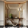 Modern Entryway Hallway Design With Marble Walls Stylish Console Table Green Plants And Wall Lamp