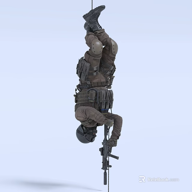 Soldier Hanging Upside Down In Tactical Gear Holding Rifle Against Light Blue Background 3d model 