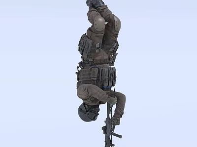 Soldier Hanging Upside Down In Tactical Gear Holding Rifle Against Light Blue Background 3d model