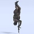 Soldier Hanging Upside Down In Tactical Gear Holding Rifle Against Light Blue Background
