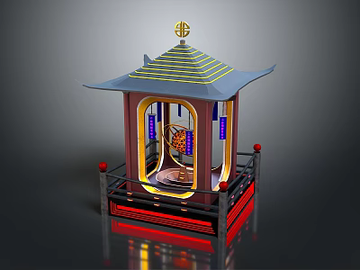 Traditional Pavilion Architecture With Striped Roof Golden Ornament Red Railings And Blue Windows 3d model