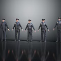 Five Police Officer Figurines Standing In A Row On Black Reflective Surface