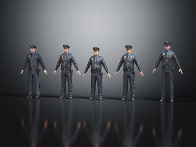 Five Police Officer Figurines Standing In A Row On Black Reflective Surface 3d model