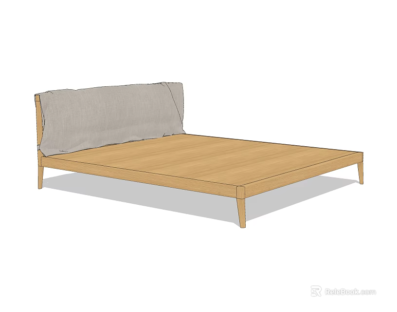 Modern Double Bed With Wooden Frame And Gray Upholstered Headboard 3d model