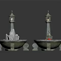 Mythical Stone Decorative Structures With Tall Towers Lanterns Flame And Crystal Bowls