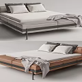 Modern Double Bed With Upholstered Headboard Metal Frame White Mattress Gray Blanket And Pillows