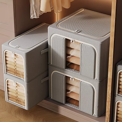 Gray Stackable Storage Baskets with Lids Drawer Design for Clothes Storage in Closet 3d model