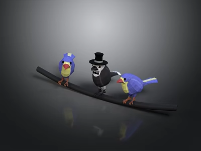 Low Poly Style Three Birds On Black Branch With Top Hat Bird And Gray Background 3d model