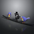 Low Poly Style Three Birds On Black Branch With Top Hat Bird And Gray Background