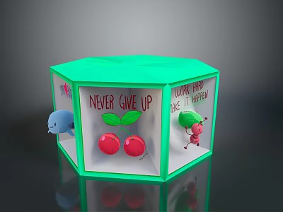 Green Hexagonal Box With Transparent Panels Never Give Up Text Red Cherries Dreams Find A Way And Cartoon Characters 3d model
