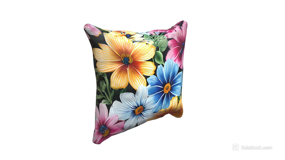 Vibrant Floral Throw Pillow With Yellow Pink Blue Flowers And Black Background 3d model 