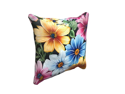 Vibrant Floral Throw Pillow With Yellow Pink Blue Flowers And Black Background 3d model