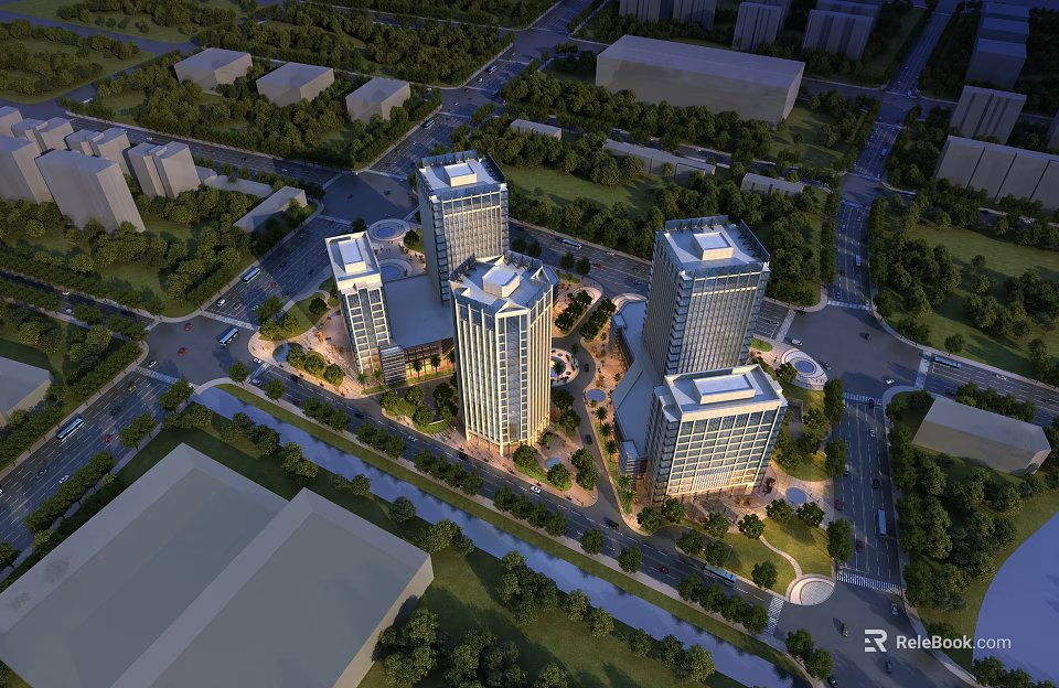 Aerial View Planning Of Modern Urban District With Tall Buildings Greenery And Roads 3d model 