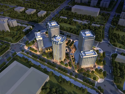 Aerial View Planning Of Modern Urban District With Tall Buildings Greenery And Roads 3d model