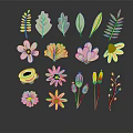 Colorful Plant Elements with Leaves and Flowers Various Shapes Colors on Black Background Design Material