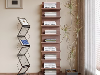 Tall Wooden Bookshelf With Multiple Shelves Books And Potted Plant Near Decorative Frame 3d model