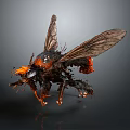 3D Rendered Mechanical Insect with Detailed Wings Metallic Body Spiky Legs and Orange Accents