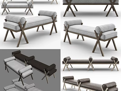 Modern Upholstered Bench With Wooden Legs Various Colors And Multiple Designs 3d model