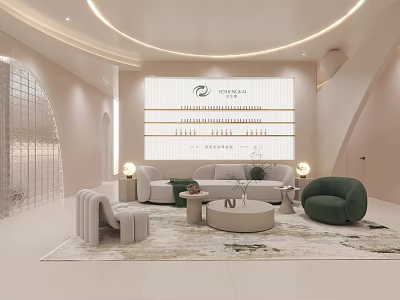 Luxury SPA Sauna Interior Design With Modern Sofa Round Coffee Table Rug And Wall Decor 3d model