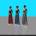 Three female models in red blue white long dresses with headpieces against blue background