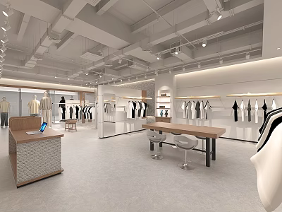 Modern Clothing Store Interior With Open Space Clothing Racks Mannequins And Cashier Counter 3d model