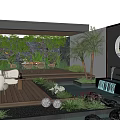 Serene Courtyard Garden Featuring Wooden Deck White Chairs Round Lanterns Pool Waterfall And Green Plants