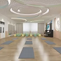School Activity Room Interior With Piano Yoga Mats Colorful Stools And Bookshelves