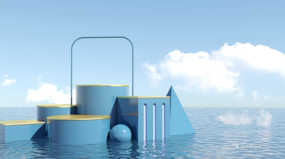 Blue Display Shelves With Various Shapes Cylinders Platforms Triangles Sphere And Water Surface 3d model 