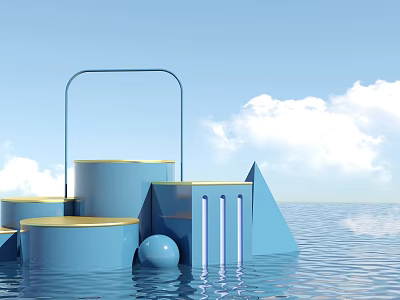 Blue Display Shelves With Various Shapes Cylinders Platforms Triangles Sphere And Water Surface 3d model
