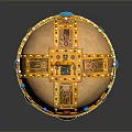 Golden Decorative Crown With Cross Top Colored Gemstones And Religious Portraits Tassels