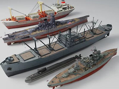 Different Types Of Detailed Water Vehicle Models Including Warships Cargo Ships And Submarines 3d model