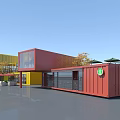 Colorful Container Buildings with Multiple Units Outdoor Seating Trees and Creative Commercial Space