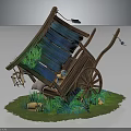 Vintage Wooden Cart Furniture with Blue Plank Roof Green Plants Ferns and Small Decorations