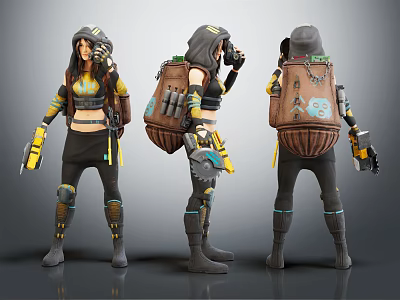 Character And Creature Design Displaying Three Angles With Backpack Weapon And Costume Details 3d model