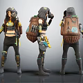 Character And Creature Design Displaying Three Angles With Backpack Weapon And Costume Details 3d model