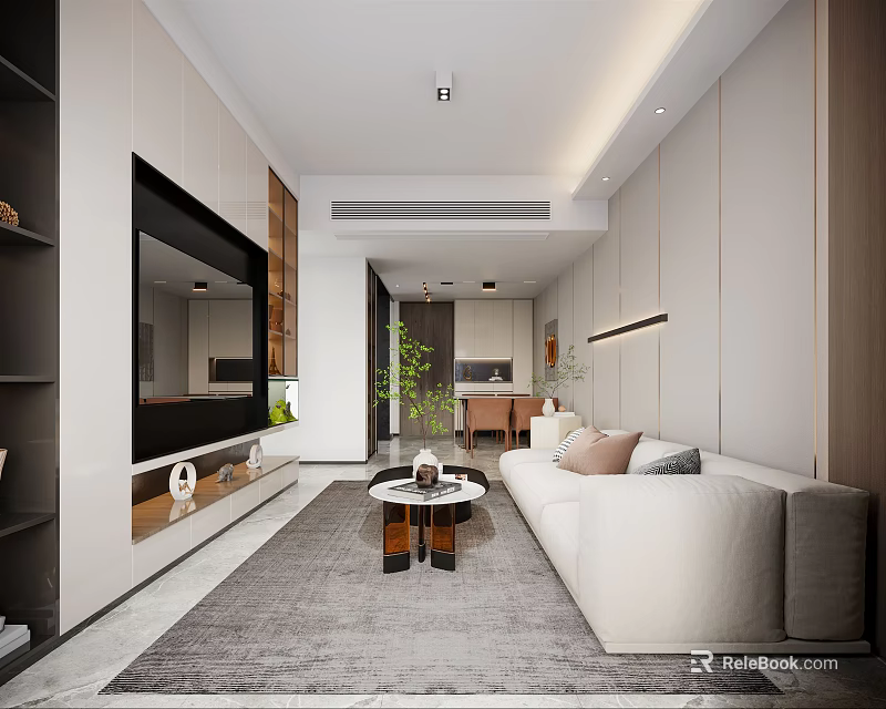 Modern Living Dining Room Interior With White Sofa Coffee Table Green Plant And TV Wall 3d model 