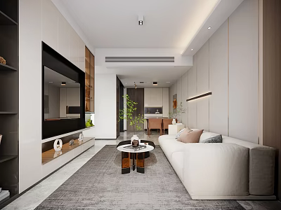 Modern Living Dining Room Interior With White Sofa Coffee Table Green Plant And TV Wall 3d model