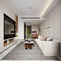 Modern Living Dining Room Interior With White Sofa Coffee Table Green Plant And TV Wall