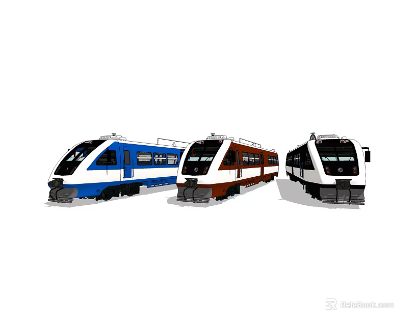 Different Colored Model Trains Blue Brown And White Displayed Together 3d model 