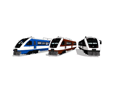 Different Colored Model Trains Blue Brown And White Displayed Together 3d model