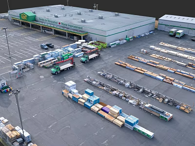Hardware Tools Logistics Warehouse with Storage Shelves and Transport Vehicles 3d model