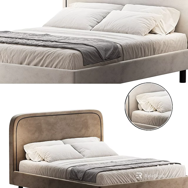 Modern Double Bed With Soft Velvet Headboard White Pillows And Comfortable Bedding Design 3d model 