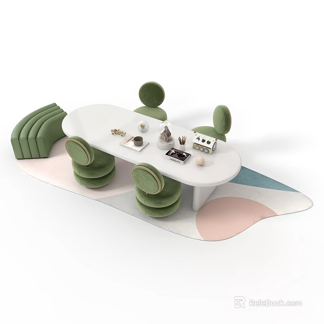 Modern Children's Table With Green Chairs White Tabletop And Colorful Carpet For Kids Room 3d model 