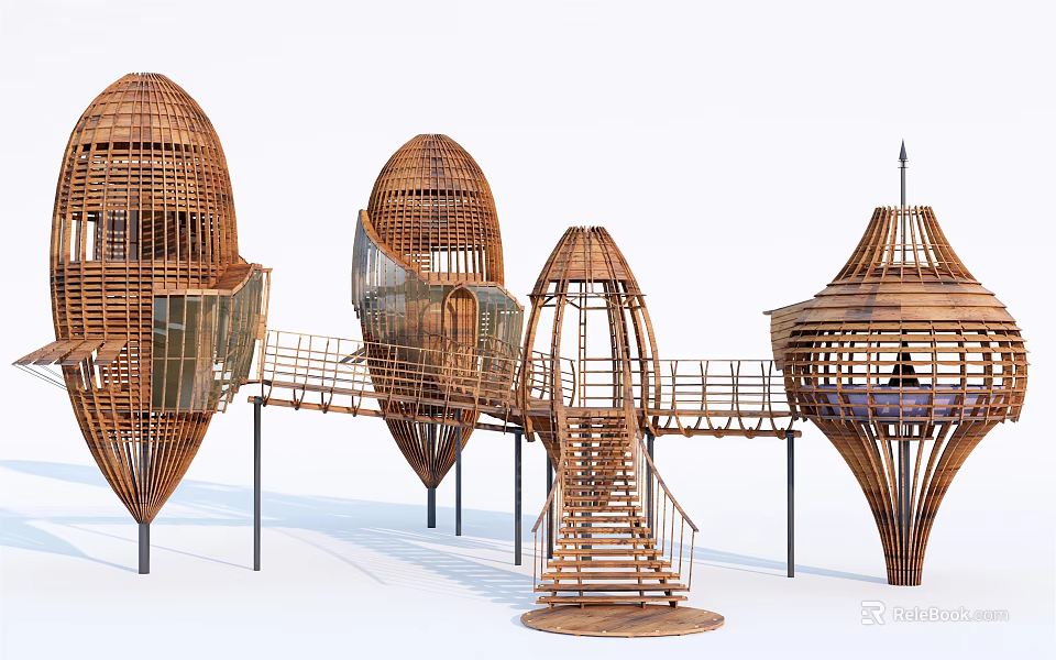 Unique Egg Shaped Modern Wooden House With Connected Bridges And Stairs 3d model 