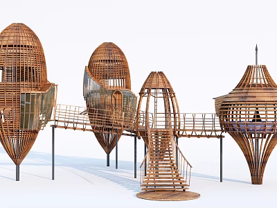Unique Egg Shaped Modern Wooden House With Connected Bridges And Stairs 3d model