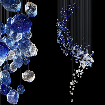 Decorative Blue And Transparent Glass Block Chandelier Hanging On Black Background 3d model