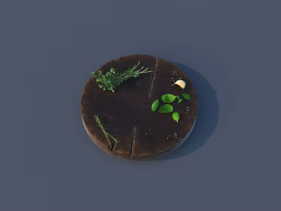 Garden Ornament With Round Wooden Tray Fresh Herbs Garlic And Seeds 3d model