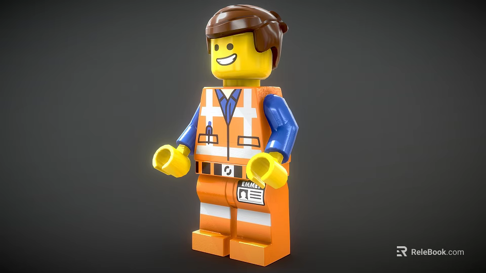 Building Block Figure With Orange Vest Blue Sleeves Brown Hair ID Badge And Smiling Face 3d model 