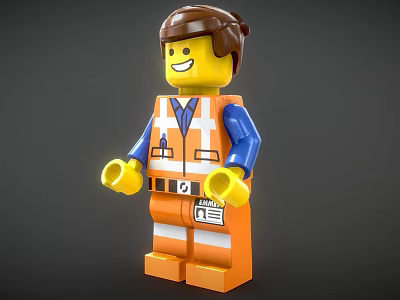 Building Block Figure With Orange Vest Blue Sleeves Brown Hair ID Badge And Smiling Face 3d model